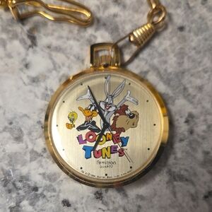 Vintage Armitron 1994 Warner Bros. Gold Looney Tunes Quartz Pocket Watch W Chain